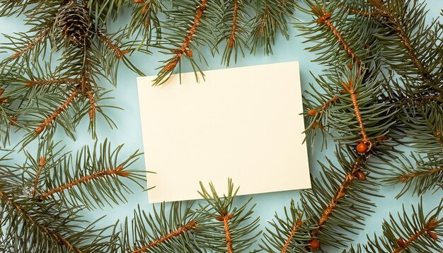 Foto rami di albero di natale con biglietto di carta flat lay nature new year