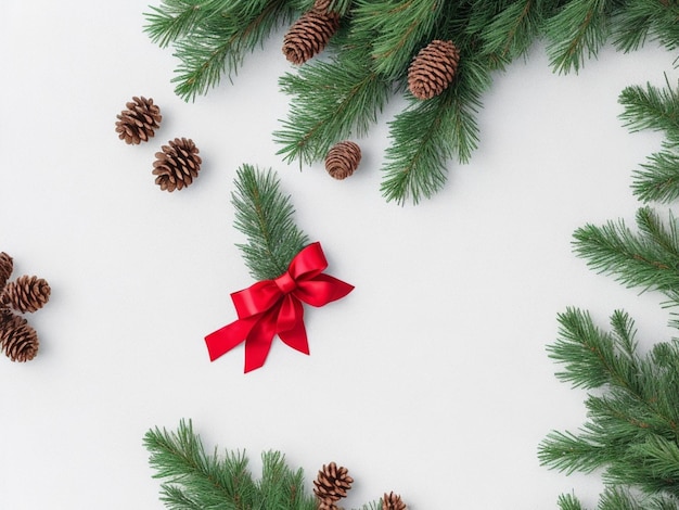 Christmas tree branches with red ribbon and pine cones on white background