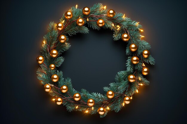 Christmas tree branches wreath decorated shiny bulbs and baubles Top view copy space