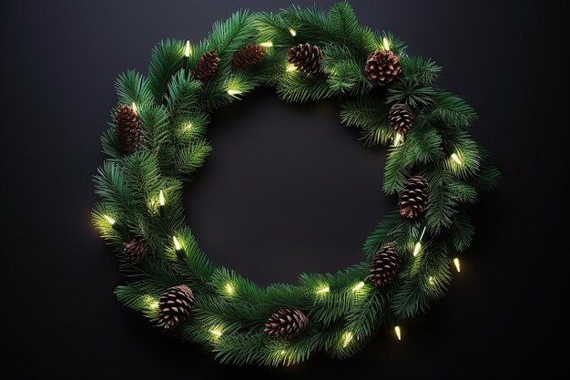 Photo christmas tree branches wreath decorated shiny bulbs top view copy space black background