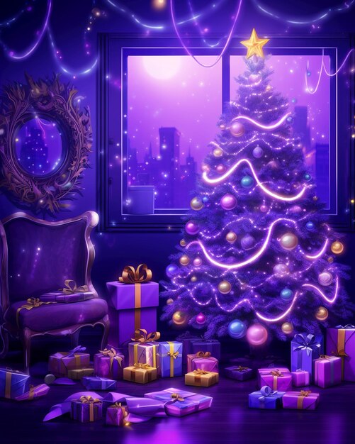 Christmas tree bright yellow lights lilacpurple mist and glitter gift boxes