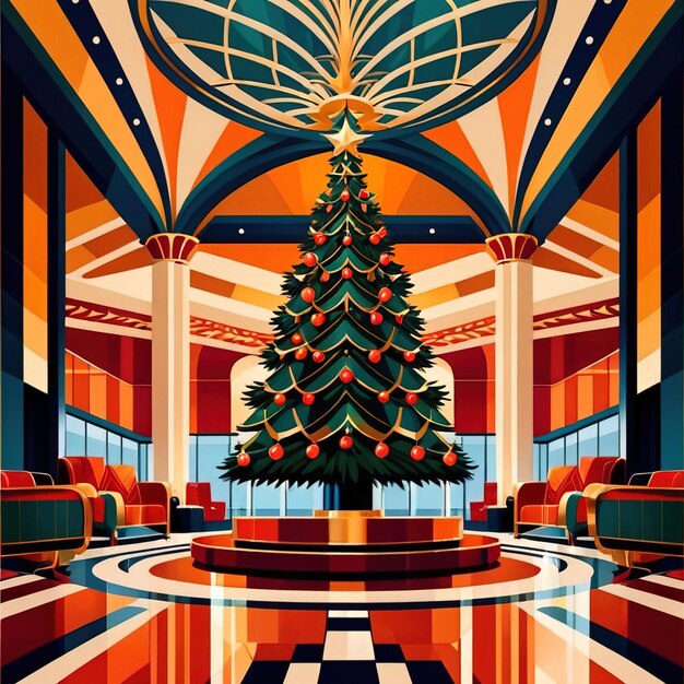 Christmas tree in building lobby corporate business christmas in luxury retro art deco style