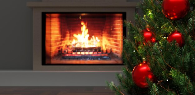 Christmas tree and burning fireplace warm home fire\
burning