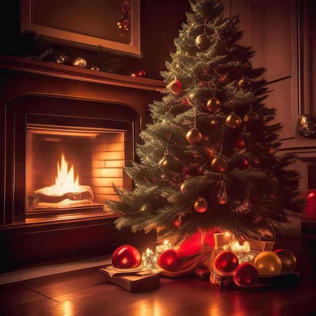 大晦日の暖炉のそばのクリスマス ツリーのイラスト