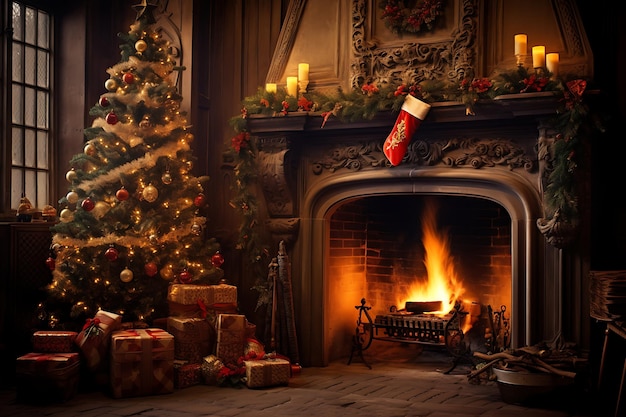 Christmas tree by the fireplace photography