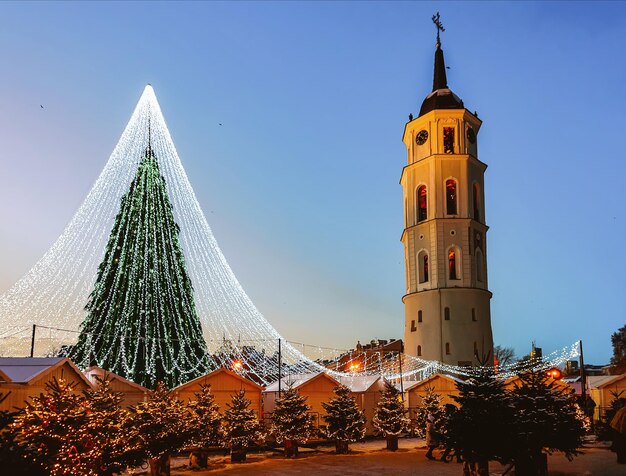 Christmas tree on Cathedral square of Vilnius in Lithuania.