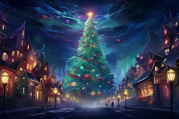 街の中心部にあるクリスマスツリーが暖かい光で照らされています