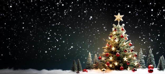 Christmas tree Christmas balls New Year's gift box Blur background blurred bokeh lights Merry christ