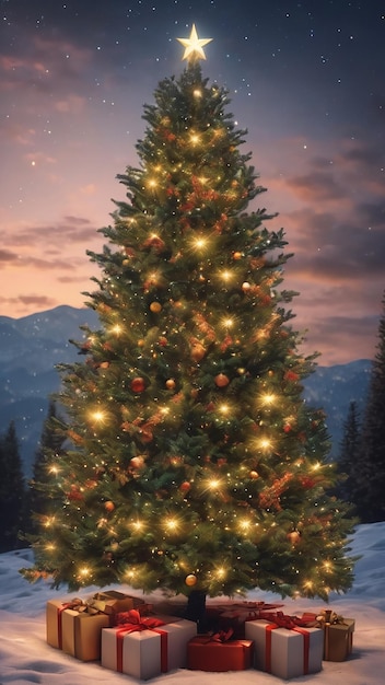 Рождественская елка в канун Рождества, звездное небо