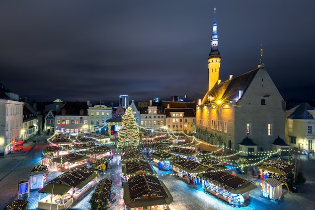 Christmas tree and Christmas Market at Town Hall Square in Tallinn, Estonia. Aerial view