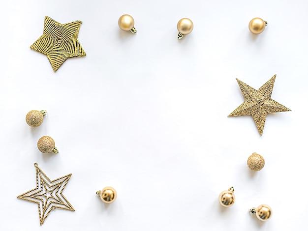 Christmas Tree Christmas toys stars and balls on a white background with a place for text. Flat lay, copy space