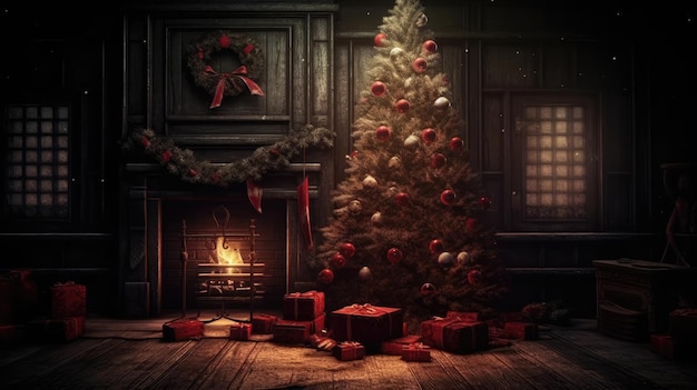 밤 에 고전적 인 나무 인테리어 에 있는 크리스마스 트리