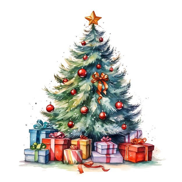 Christmas tree clip art style decoration and present boxes Merry Christmas and Happy New year