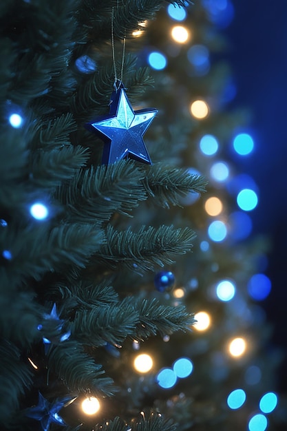 Christmas tree close up blue bright background