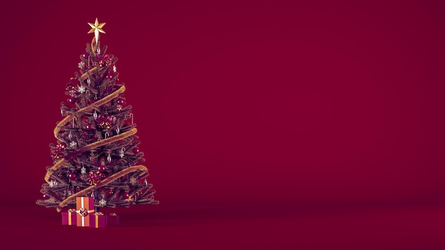 Christmas tree close up with present boxes on burgundy square background with copy space.