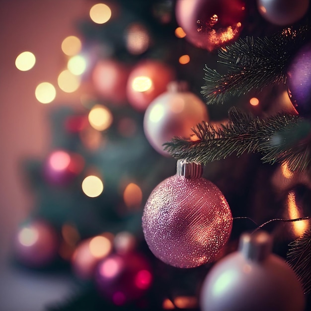 AI が生成したボールと装飾のライトを背景にしたクリスマス ツリーのクローズ アップ