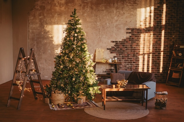 Christmas tree in a cozy rustic living room.