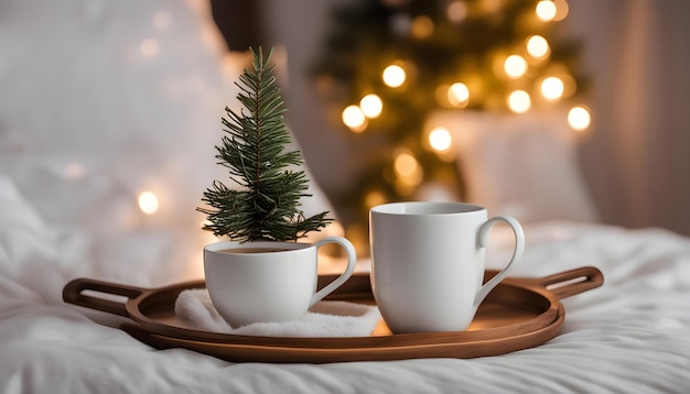 a christmas tree and a cup of coffee on a tray