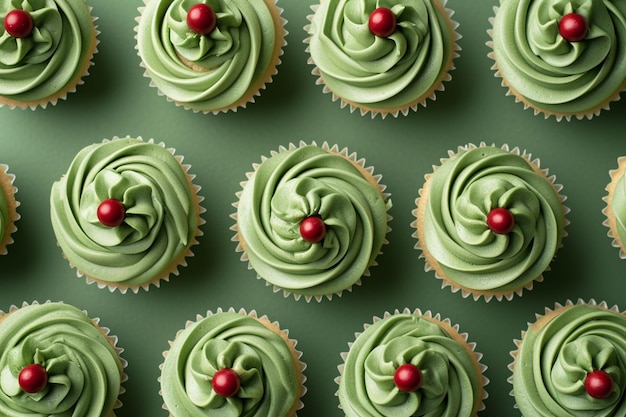 Christmas tree cupcakes on green background