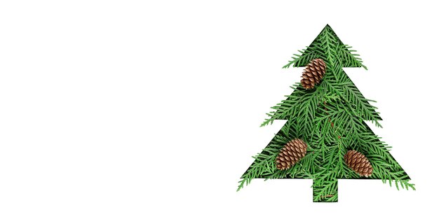 Photo christmas tree cut out of paper on a white background. silhouette of a christmas tree with green fir branches. christmas tree paper cutting design card. paper art with copy space. long wide banner