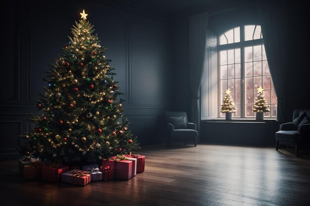 Christmas tree in a dark room