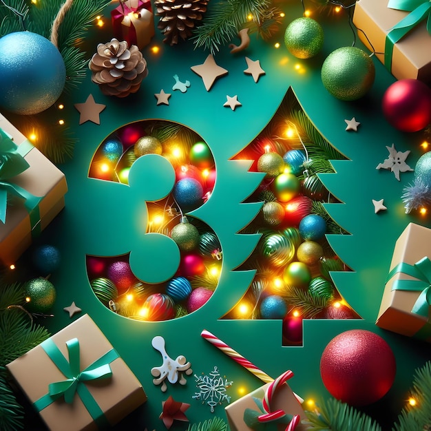 Photo christmas tree decor balls visible through cut light color paper in shape of figure 31