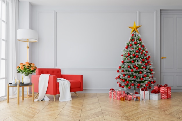 Albero di natale decorare sul salotto moderno, divano rosso sul muro bianco e pavimento in legno
