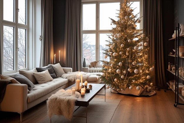 Christmas tree decorate on scandinavia interior of living