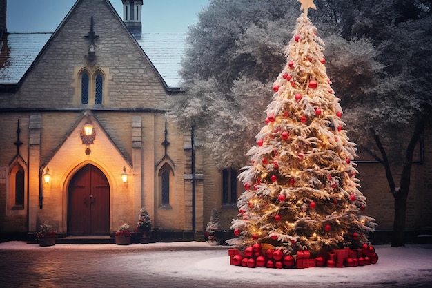 Christmas tree decorated by a church in a town generative ai