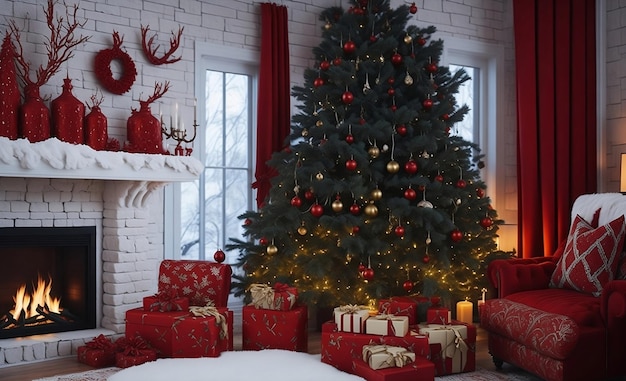 Christmas tree decorated lights with presents and a fireplace in a room