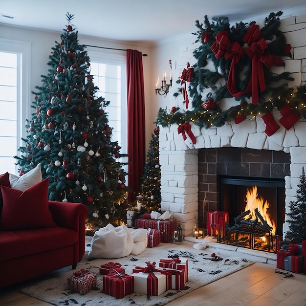 Christmas tree decorated lights with presents and a fireplace in a room