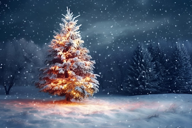 A Christmas tree decorated with a garland shines in the middle of a winter forest 1