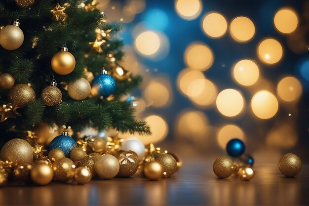 Christmas tree decorated with Golden and blue balls toys on a blurred sparkling and fabulous fairy