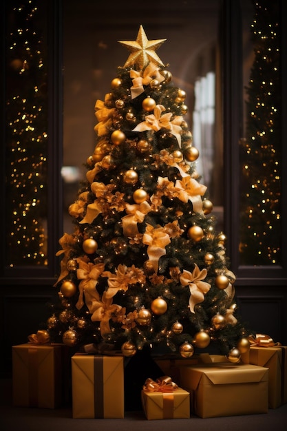 A Christmas tree decorated with golden ornaments and twinkling lights