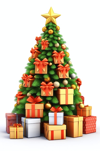 Фото Рождественская елка украшена световыми и подарочными коробками на белом фоне новый год и счастливого рождества