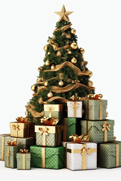 Фото Рождественская елка украшена световыми и подарочными коробками на белом фоне новый год и счастливого рождества