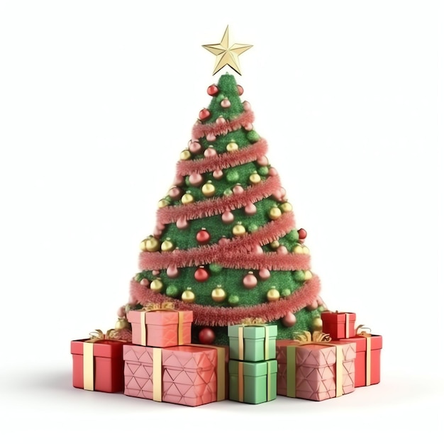 写真 白い背景のライトとギフトボックスで飾られたクリスマスツリー 新年とメリークリスマス