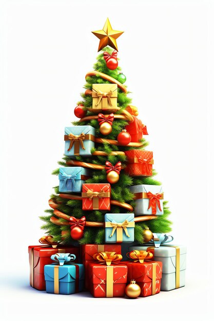 Photo christmas tree decorated with light and gift boxes on white background new year and merry christmas