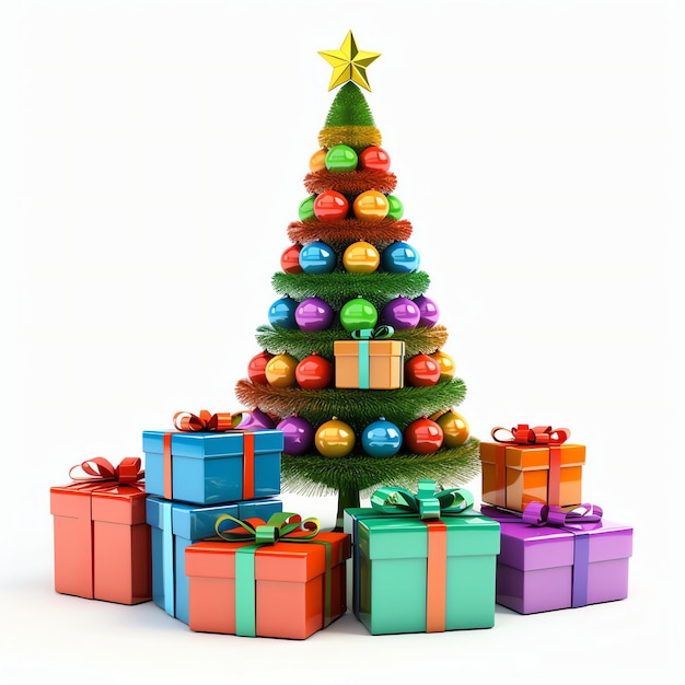 Рождественская елка украшена световыми и подарочными коробками на белом фоне Новый год и счастливого Рождества