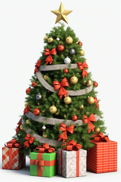 Foto albero di natale decorato con luci e scatole regalo su sfondo bianco capodanno e buon natale