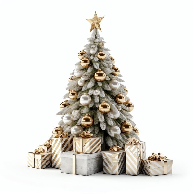 Photo christmas tree decorated with light and gift boxes on white background new year and merry christmas
