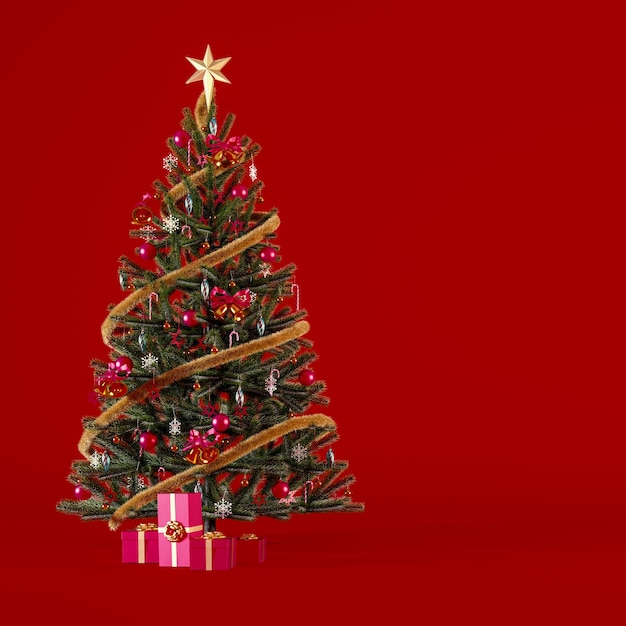 Christmas tree decorated with red and gold ornaments and presents on dark red square background.