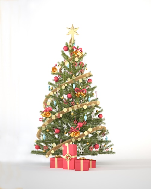 Christmas tree decorated with red, gold ornaments and presents on white vertical background.