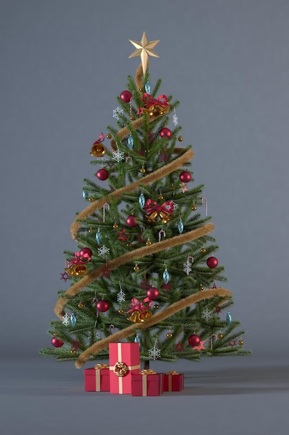 Christmas tree decorated with red and gold ornaments and red gift boxes on grey vertical background.