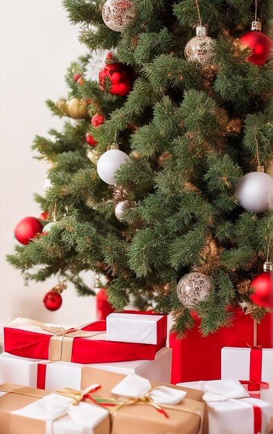 Foto albero di natale decorato con palle rosse e bianche sullo sfondo e regali di natale