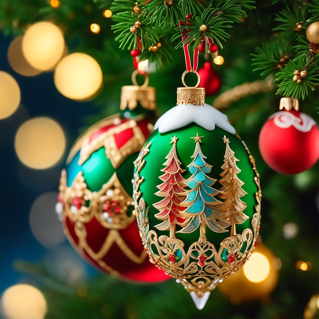 Рождественская елка, украшенная старинными украшениями и гирляндами HD HUD Ultra 4k Fine Focus