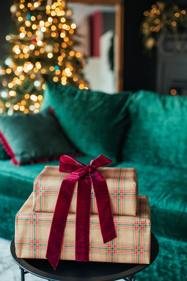 Photo christmas tree decoration ball velvet sofa and gift box in the interior