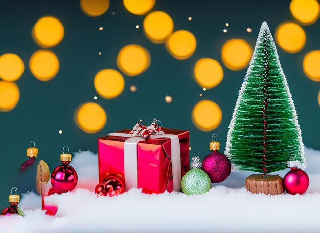 Christmas tree decoration on snow with lights and gift with copy space