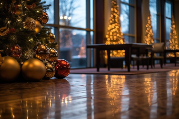 Украшение рождественской елки в роскошном холле отеля