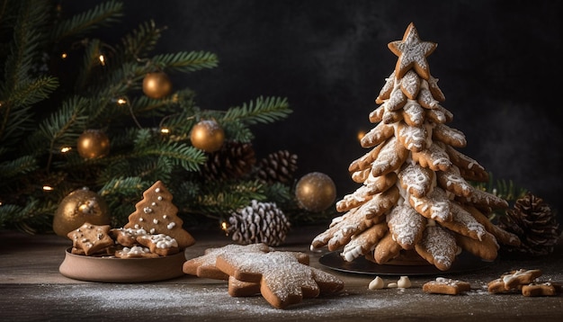 Christmas tree decoration with homemade rustic wood ornaments and snowflakes generated by artificial intelligence